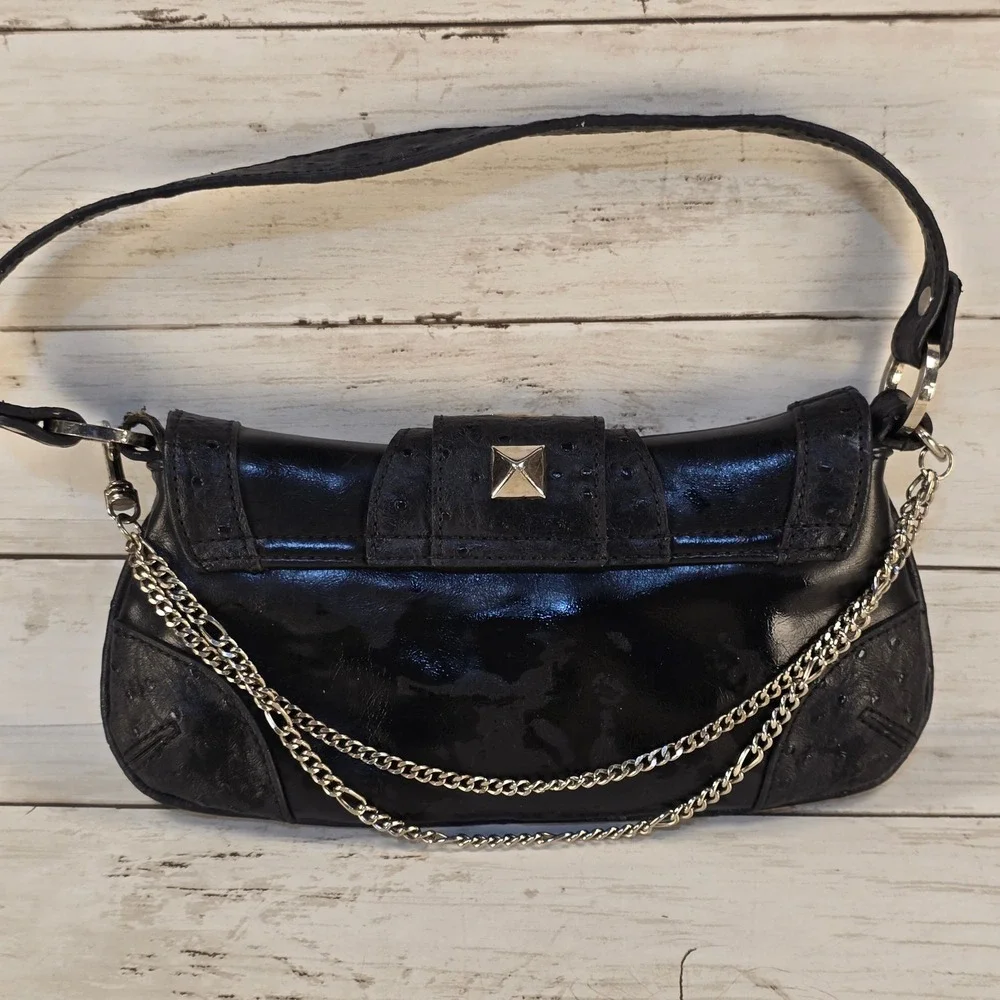 Pepe Jeans London Black Ostrich Embossed Studded Y2K Baguette Shoulder Bag